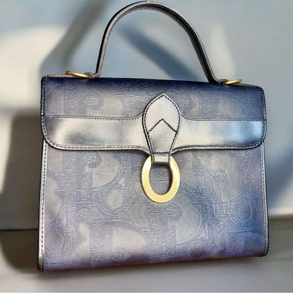 Vintage Christian Dior Kelly Bag LogoCoated Canvas & Leather Navy Blue Tophandle
